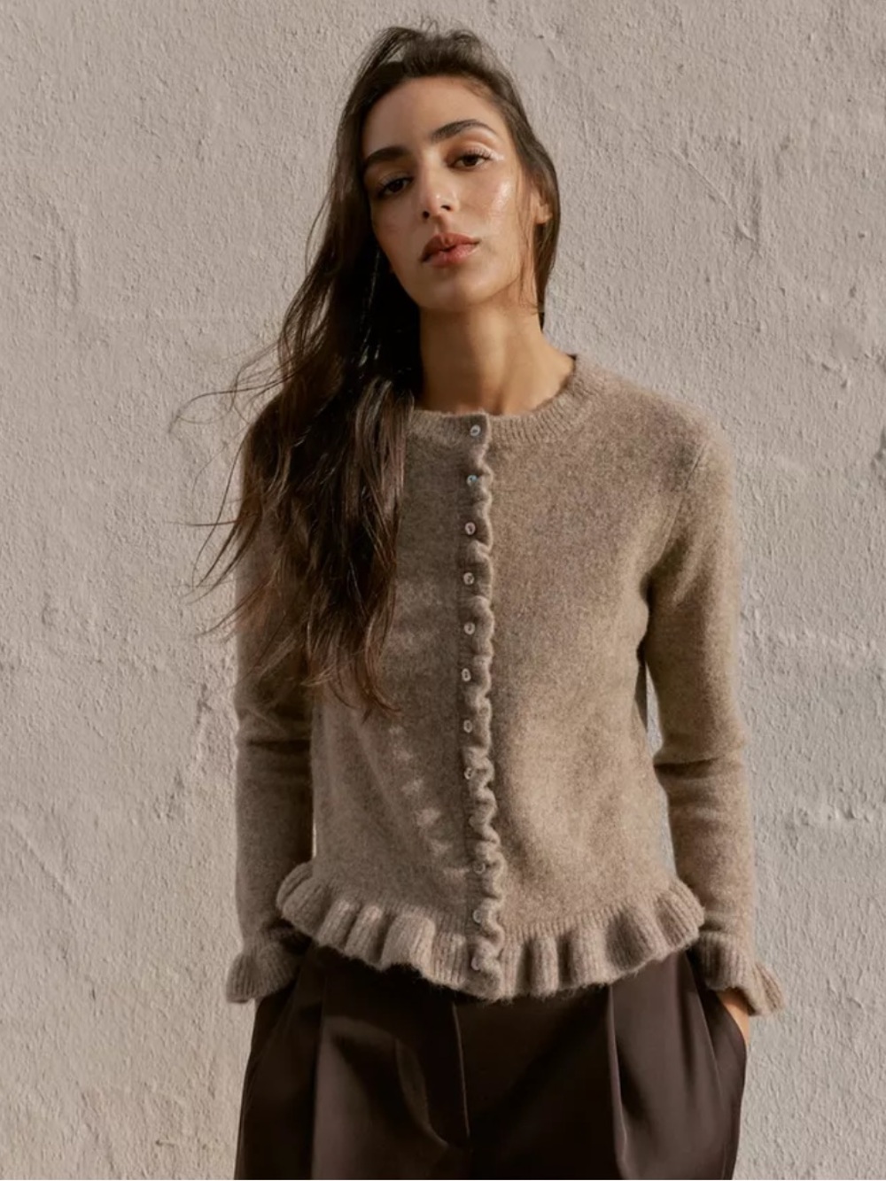 Zara Brown Ruffle-Trim Knit Cardigan